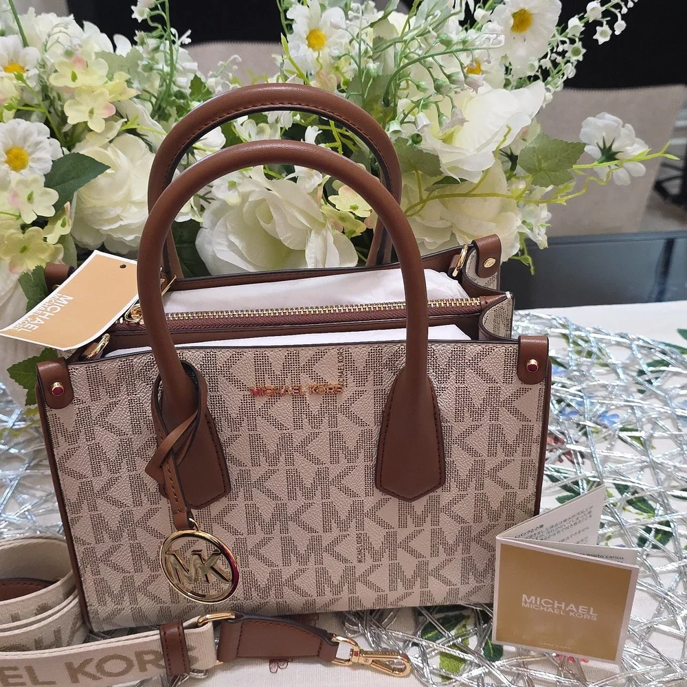 Michael Kors Beige Brown Logo Satchel with Gold Hardware